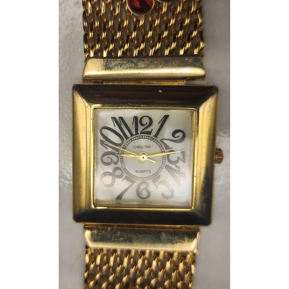 Vintage Christina Quartz Watch Gold Tone Mesh Band Rhinestone Square Face READ